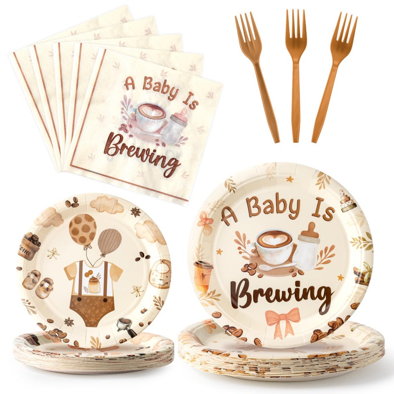 K1tpde Coffee Baby Shower Tableware - 192PCS A Baby Is Brewing Theme Party Tableware Set Included Paper Plates Napkins and Forks, Babies In Bloom Birthday Decorations for Pregnancy Party Supply, 48set - Image 1